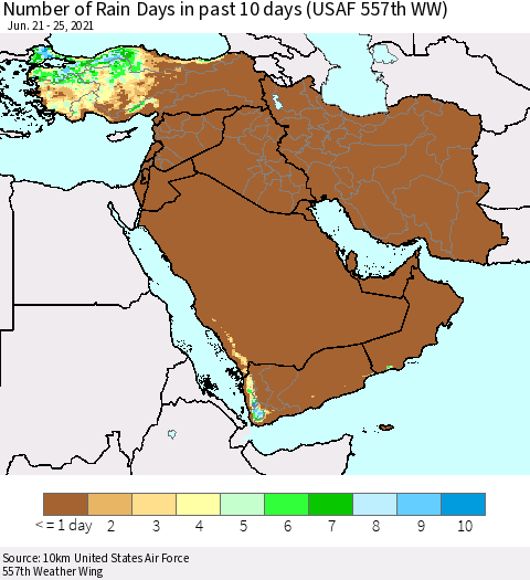 Middle East and Turkey Number of Rain Days in past 10 days (USAF 557th WW) Thematic Map For 6/21/2021 - 6/25/2021