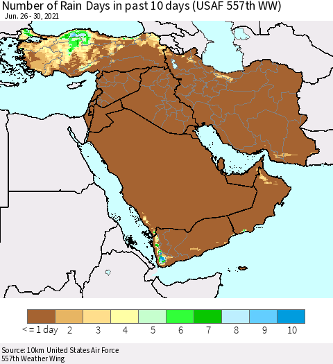 Middle East and Turkey Number of Rain Days in past 10 days (USAF 557th WW) Thematic Map For 6/26/2021 - 6/30/2021
