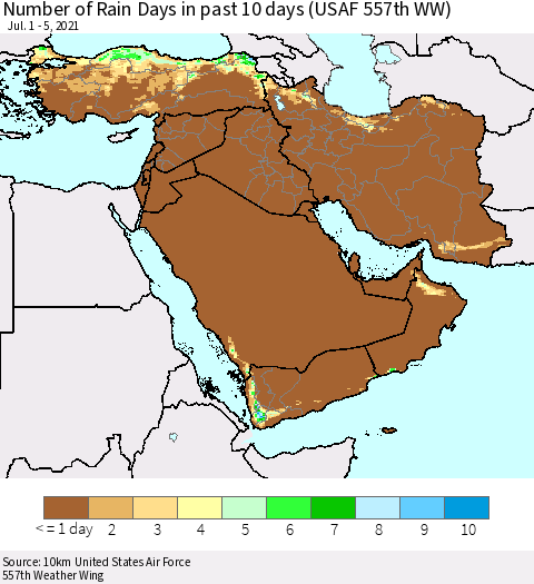 Middle East and Turkey Number of Rain Days in past 10 days (USAF 557th WW) Thematic Map For 7/1/2021 - 7/5/2021