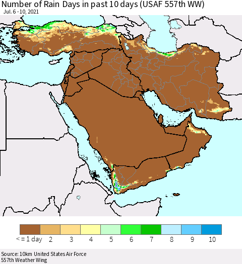 Middle East and Turkey Number of Rain Days in past 10 days (USAF 557th WW) Thematic Map For 7/6/2021 - 7/10/2021