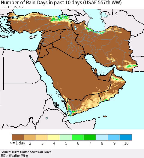 Middle East and Turkey Number of Rain Days in past 10 days (USAF 557th WW) Thematic Map For 7/11/2021 - 7/15/2021