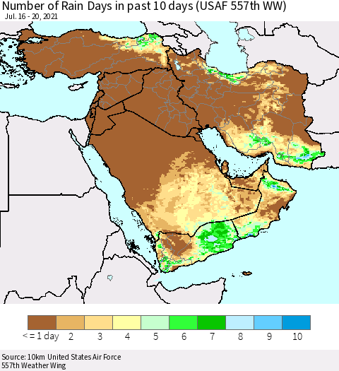 Middle East and Turkey Number of Rain Days in past 10 days (USAF 557th WW) Thematic Map For 7/16/2021 - 7/20/2021