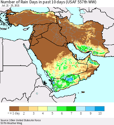 Middle East and Turkey Number of Rain Days in past 10 days (USAF 557th WW) Thematic Map For 7/21/2021 - 7/25/2021