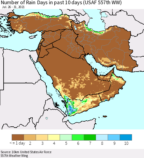 Middle East and Turkey Number of Rain Days in past 10 days (USAF 557th WW) Thematic Map For 7/26/2021 - 7/31/2021