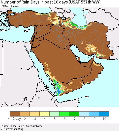 Middle East and Turkey Number of Rain Days in past 10 days (USAF 557th WW) Thematic Map For 8/1/2021 - 8/5/2021