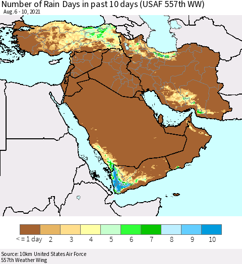 Middle East and Turkey Number of Rain Days in past 10 days (USAF 557th WW) Thematic Map For 8/6/2021 - 8/10/2021