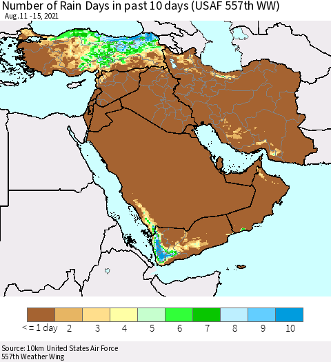 Middle East and Turkey Number of Rain Days in past 10 days (USAF 557th WW) Thematic Map For 8/11/2021 - 8/15/2021