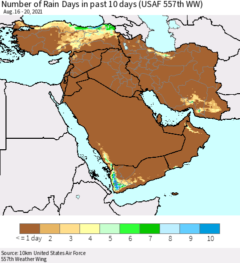 Middle East and Turkey Number of Rain Days in past 10 days (USAF 557th WW) Thematic Map For 8/16/2021 - 8/20/2021