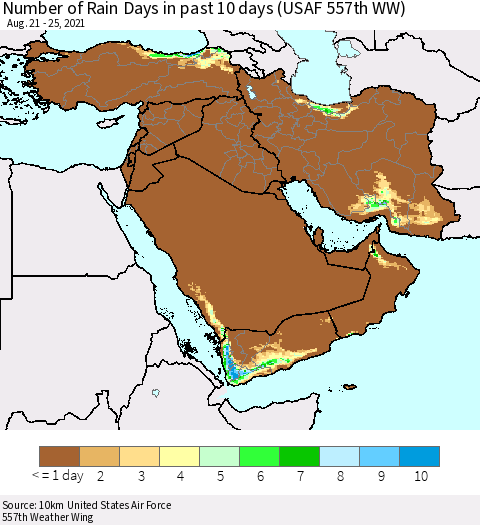 Middle East and Turkey Number of Rain Days in past 10 days (USAF 557th WW) Thematic Map For 8/21/2021 - 8/25/2021