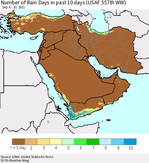 Middle East and Turkey Number of Rain Days in past 10 days (USAF 557th WW) Thematic Map For 9/6/2021 - 9/10/2021