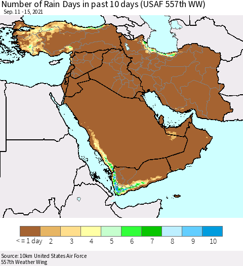 Middle East and Turkey Number of Rain Days in past 10 days (USAF 557th WW) Thematic Map For 9/11/2021 - 9/15/2021