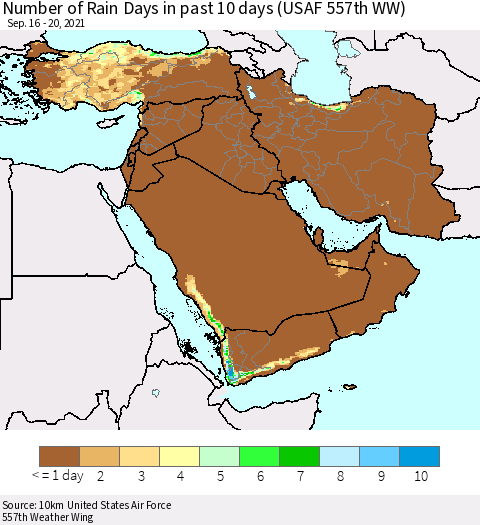 Middle East and Turkey Number of Rain Days in past 10 days (USAF 557th WW) Thematic Map For 9/16/2021 - 9/20/2021