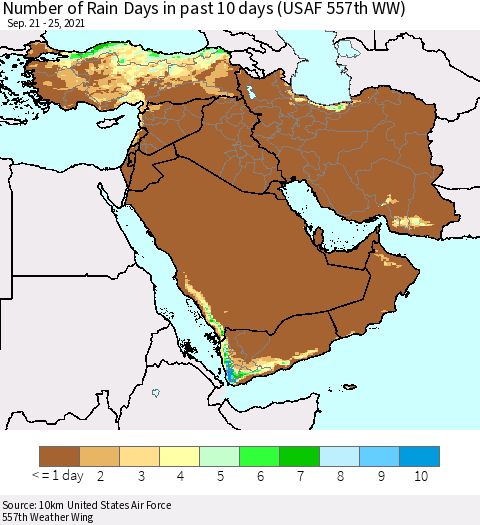 Middle East and Turkey Number of Rain Days in past 10 days (USAF 557th WW) Thematic Map For 9/21/2021 - 9/25/2021