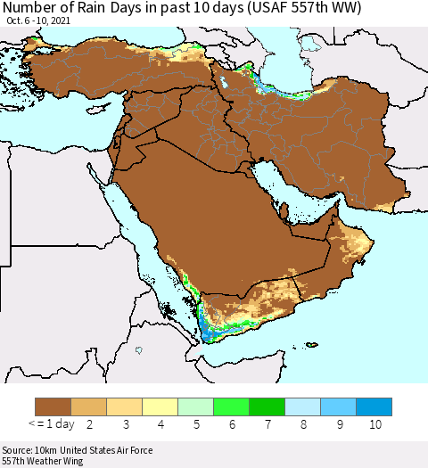 Middle East and Turkey Number of Rain Days in past 10 days (USAF 557th WW) Thematic Map For 10/6/2021 - 10/10/2021