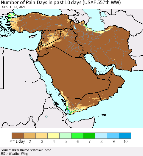 Middle East and Turkey Number of Rain Days in past 10 days (USAF 557th WW) Thematic Map For 10/11/2021 - 10/15/2021