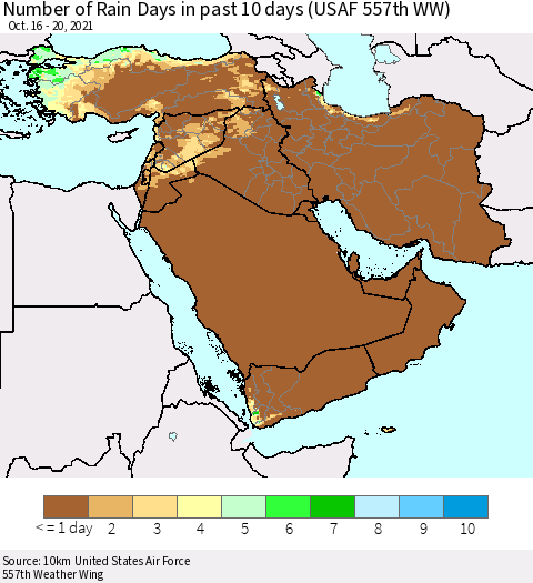 Middle East and Turkey Number of Rain Days in past 10 days (USAF 557th WW) Thematic Map For 10/16/2021 - 10/20/2021