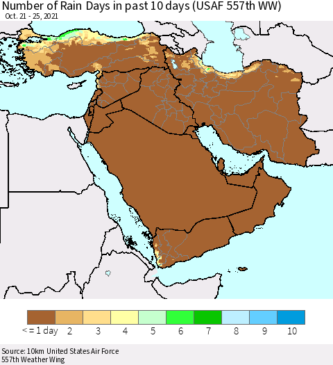 Middle East and Turkey Number of Rain Days in past 10 days (USAF 557th WW) Thematic Map For 10/21/2021 - 10/25/2021