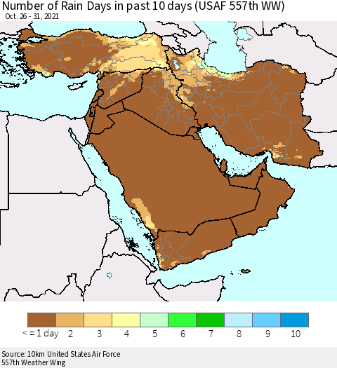 Middle East and Turkey Number of Rain Days in past 10 days (USAF 557th WW) Thematic Map For 10/26/2021 - 10/31/2021