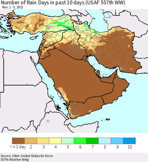 Middle East and Turkey Number of Rain Days in past 10 days (USAF 557th WW) Thematic Map For 11/1/2021 - 11/5/2021