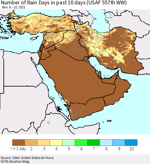 Middle East and Turkey Number of Rain Days in past 10 days (USAF 557th WW) Thematic Map For 11/6/2021 - 11/10/2021