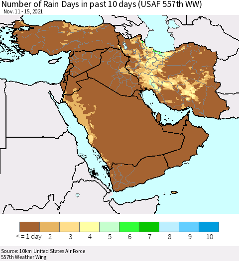 Middle East and Turkey Number of Rain Days in past 10 days (USAF 557th WW) Thematic Map For 11/11/2021 - 11/15/2021