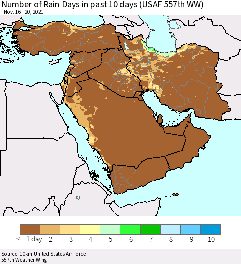 Middle East and Turkey Number of Rain Days in past 10 days (USAF 557th WW) Thematic Map For 11/16/2021 - 11/20/2021