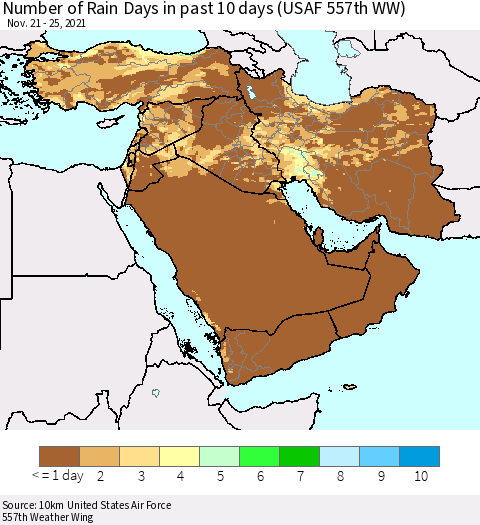 Middle East and Turkey Number of Rain Days in past 10 days (USAF 557th WW) Thematic Map For 11/21/2021 - 11/25/2021