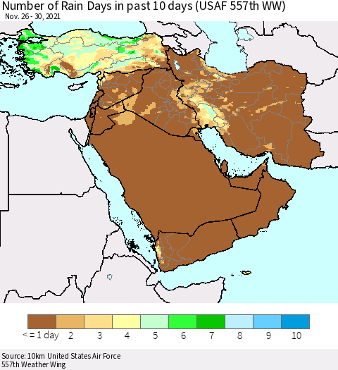 Middle East and Turkey Number of Rain Days in past 10 days (USAF 557th WW) Thematic Map For 11/26/2021 - 11/30/2021