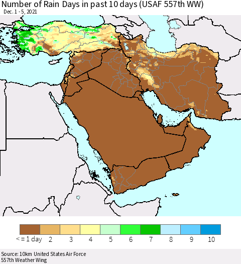 Middle East and Turkey Number of Rain Days in past 10 days (USAF 557th WW) Thematic Map For 12/1/2021 - 12/5/2021