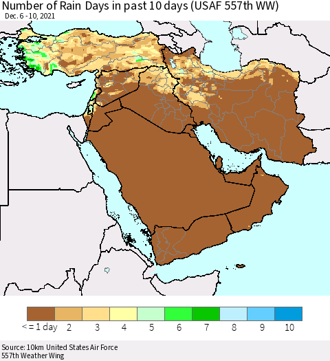 Middle East and Turkey Number of Rain Days in past 10 days (USAF 557th WW) Thematic Map For 12/6/2021 - 12/10/2021
