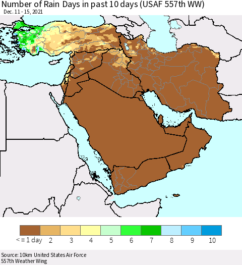 Middle East and Turkey Number of Rain Days in past 10 days (USAF 557th WW) Thematic Map For 12/11/2021 - 12/15/2021