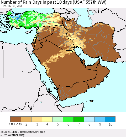Middle East and Turkey Number of Rain Days in past 10 days (USAF 557th WW) Thematic Map For 12/16/2021 - 12/20/2021