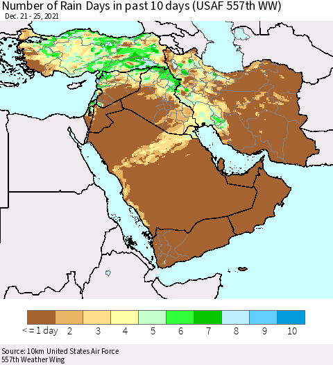 Middle East and Turkey Number of Rain Days in past 10 days (USAF 557th WW) Thematic Map For 12/21/2021 - 12/25/2021