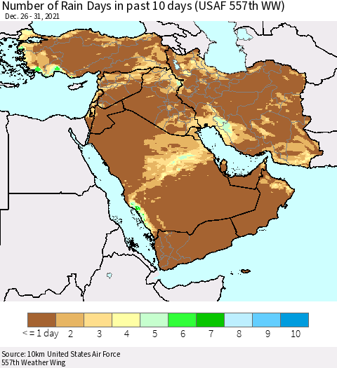 Middle East and Turkey Number of Rain Days in past 10 days (USAF 557th WW) Thematic Map For 12/26/2021 - 12/31/2021