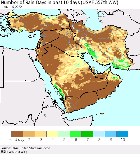 Middle East and Turkey Number of Rain Days in past 10 days (USAF 557th WW) Thematic Map For 1/1/2022 - 1/5/2022