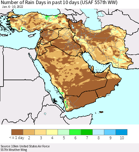 Middle East and Turkey Number of Rain Days in past 10 days (USAF 557th WW) Thematic Map For 1/6/2022 - 1/10/2022