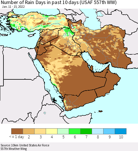 Middle East and Turkey Number of Rain Days in past 10 days (USAF 557th WW) Thematic Map For 1/11/2022 - 1/15/2022