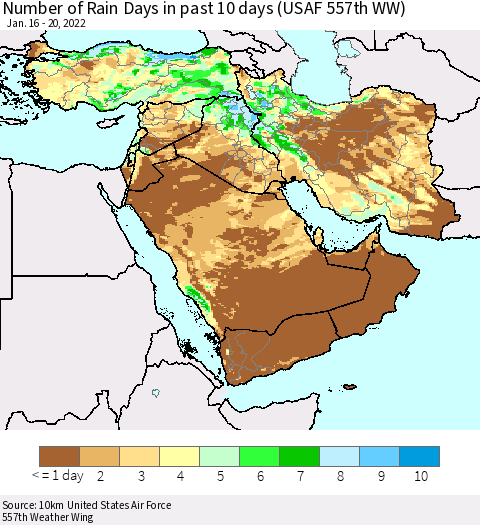 Middle East and Turkey Number of Rain Days in past 10 days (USAF 557th WW) Thematic Map For 1/16/2022 - 1/20/2022