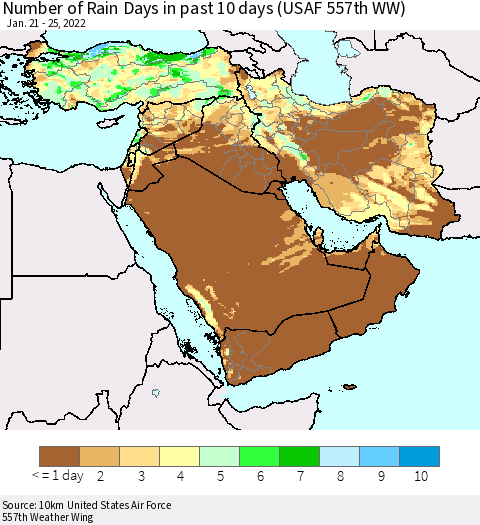 Middle East and Turkey Number of Rain Days in past 10 days (USAF 557th WW) Thematic Map For 1/21/2022 - 1/25/2022