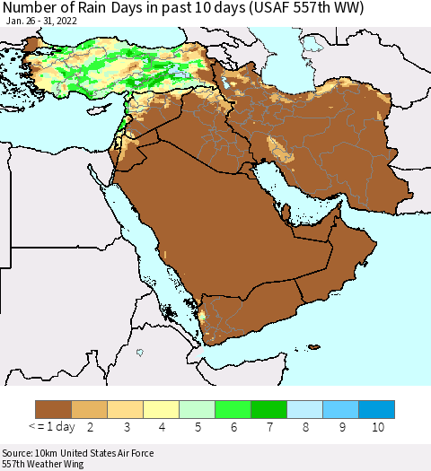 Middle East and Turkey Number of Rain Days in past 10 days (USAF 557th WW) Thematic Map For 1/26/2022 - 1/31/2022