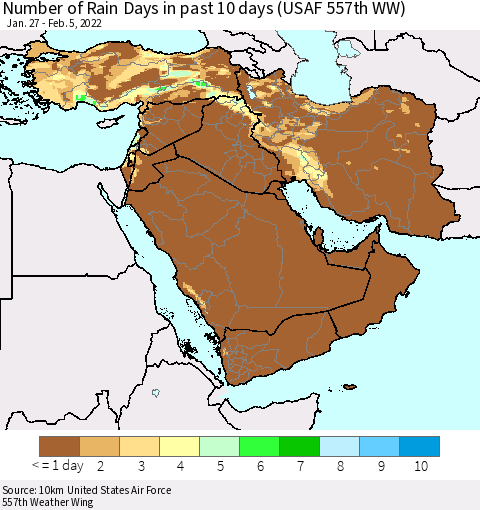 Middle East and Turkey Number of Rain Days in past 10 days (USAF 557th WW) Thematic Map For 2/1/2022 - 2/5/2022