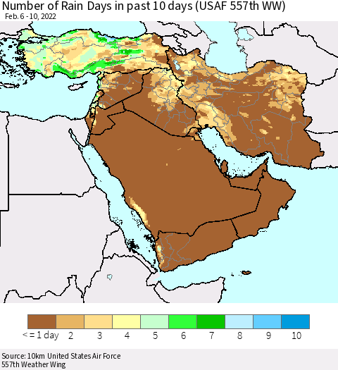 Middle East and Turkey Number of Rain Days in past 10 days (USAF 557th WW) Thematic Map For 2/6/2022 - 2/10/2022