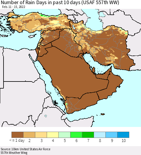 Middle East and Turkey Number of Rain Days in past 10 days (USAF 557th WW) Thematic Map For 2/11/2022 - 2/15/2022