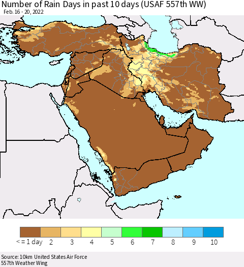 Middle East and Turkey Number of Rain Days in past 10 days (USAF 557th WW) Thematic Map For 2/16/2022 - 2/20/2022