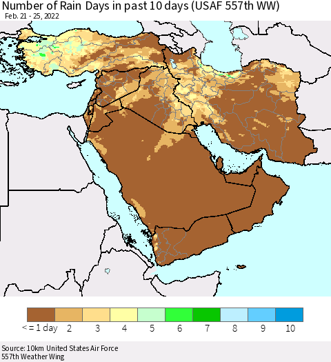Middle East and Turkey Number of Rain Days in past 10 days (USAF 557th WW) Thematic Map For 2/21/2022 - 2/25/2022