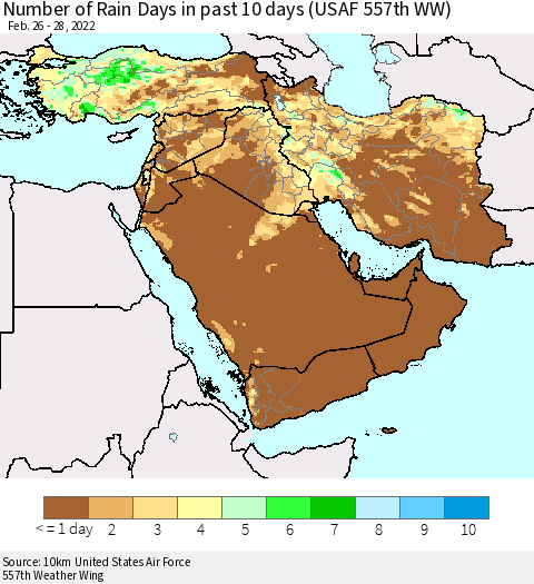 Middle East and Turkey Number of Rain Days in past 10 days (USAF 557th WW) Thematic Map For 2/26/2022 - 2/28/2022