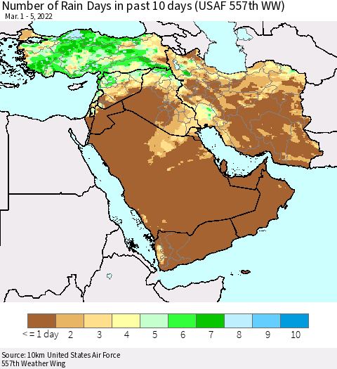 Middle East and Turkey Number of Rain Days in past 10 days (USAF 557th WW) Thematic Map For 3/1/2022 - 3/5/2022