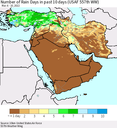 Middle East and Turkey Number of Rain Days in past 10 days (USAF 557th WW) Thematic Map For 3/6/2022 - 3/10/2022