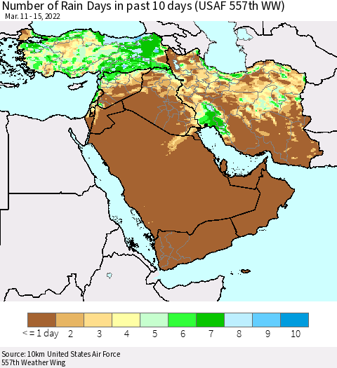 Middle East and Turkey Number of Rain Days in past 10 days (USAF 557th WW) Thematic Map For 3/11/2022 - 3/15/2022