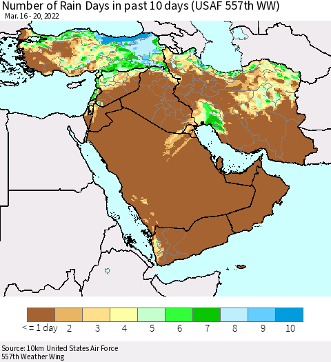 Middle East and Turkey Number of Rain Days in past 10 days (USAF 557th WW) Thematic Map For 3/16/2022 - 3/20/2022
